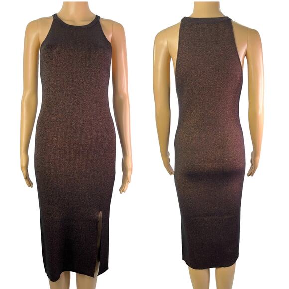 House of Harlow 1960 Ribbed Metallic Knit Midi Bodycon Halter Dress - Picture 1 of 13